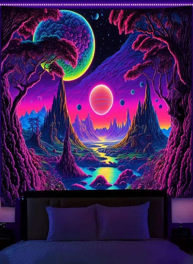 Manicer Blacklight Galaxy Moon Tapestry - Alien Landscape UV Reactive Neon Mountain Forest, Space Fantasy Plants Wall Hanging for Room Decor - 59.1" x 80" - Image 1